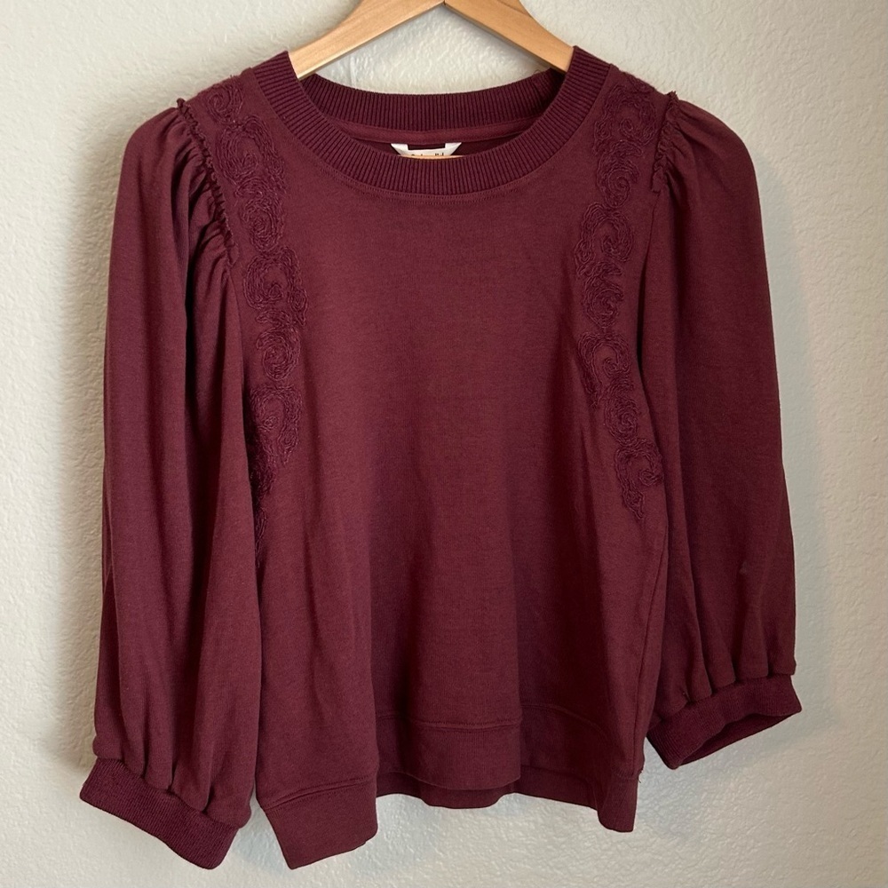 NWT, Splendid Woman’s Beatrice Crew Neck Puff Sleeve Embroidery Pullover, Small